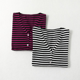 新品 真丝条纹黑白长袖针织蚕丝棉混纺开衫上衣春秋款长袖V领外套