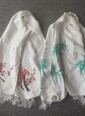 外贸 梅花翠竹花色流苏 100真丝斜纹绸长大衬肤女丝围巾秋新气质