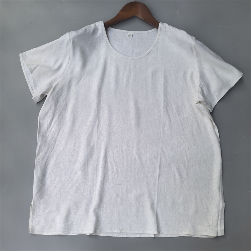 乳白色绢纺重磅提花套头衫 100%真丝桑蚕丝圆领短袖上衣款女T恤新