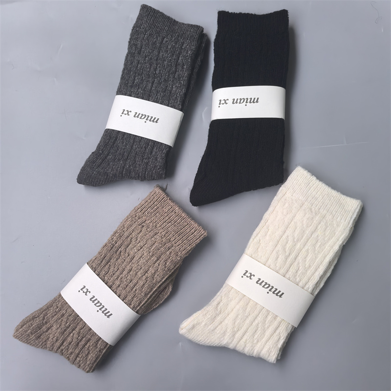 新品 冬季保暖长袜女软糯羊毛袜纯色中筒袜复古暖咖系加厚堆堆袜