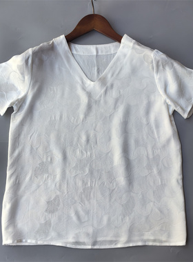 白色衬衫新品 透孔花萝100%真丝桑蚕丝T恤V领柔软上衣套头衫高端