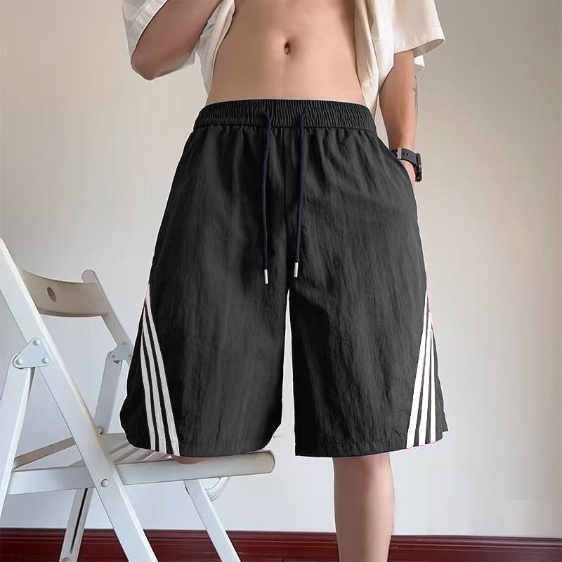 夏季冰丝速干条纹撞色三条杠短裤男士潮牌宽松百搭直筒阔腿五分裤