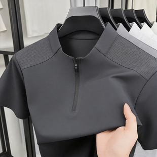 夏季速干冰丝网眼半拉链短袖T恤青少年学生大码宽松休闲正肩上衣