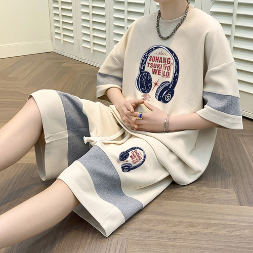 夏季华夫格拼色休闲套装冰丝短袖T恤大码宽松搭配运动短裤两件套