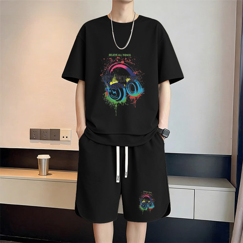 夏季大码华夫格套装冰丝短袖T恤男青少年宽松休闲运动短裤两件套