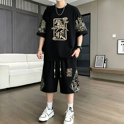 潮流新中式华夫格休闲套装短袖t恤男夏季大码宽松搭配运动五分裤