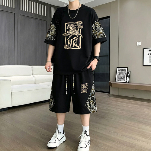 潮流新中式华夫格休闲套装短袖t恤男夏季大码宽松搭配运动五分裤