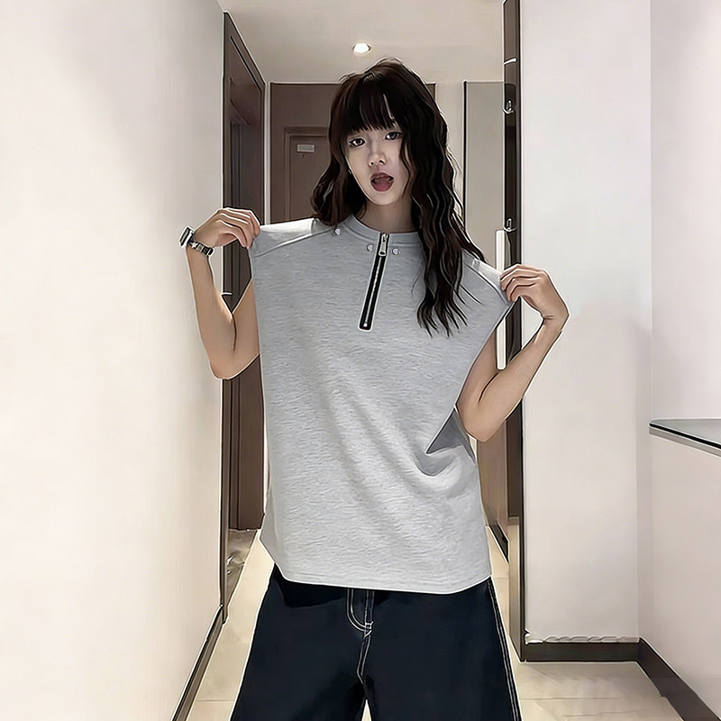 美式高街铆钉半拉链坎肩背心t恤男夏季大码宽松休闲运动无袖上衣