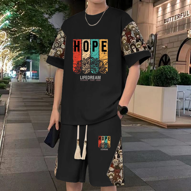 夏季华夫格休闲套装搭配短袖t恤男青少年大码新中式宽松运动短裤,男装,休闲运动套装,淘宝优惠券,粉丝福利购,淘宝优惠卷