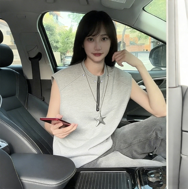 夏季高街铆钉半拉链坎肩背心t恤男潮流大码宽松休闲运动无袖上衣