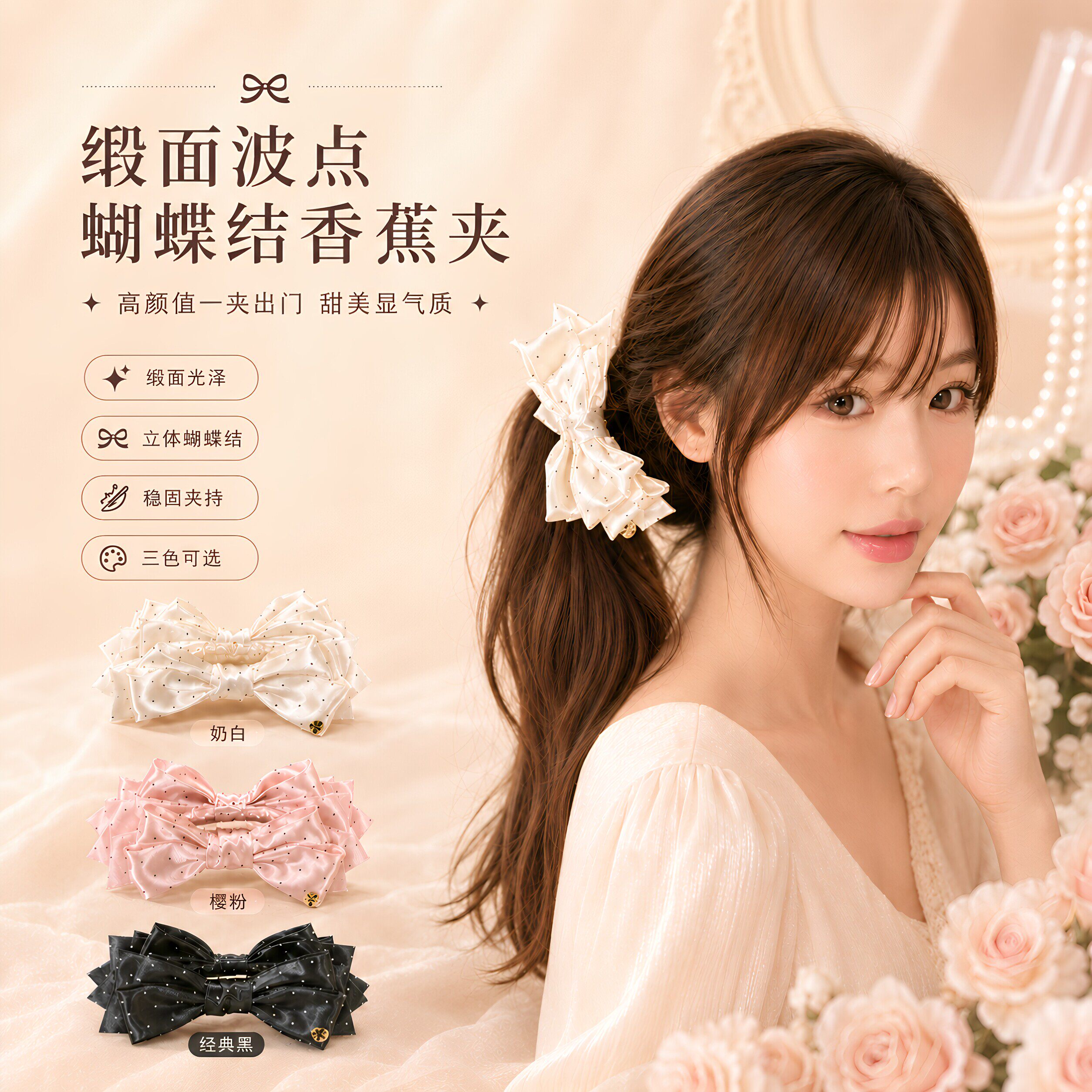 高级感缎面波点蝴蝶结香蕉夹发饰少女气质马尾夹竖夹头饰甜美发夹
