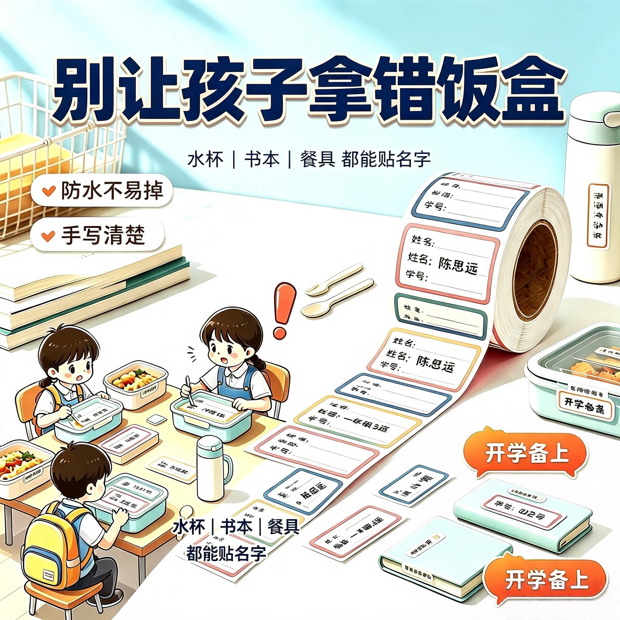 学生饭盒水杯姓名标记贴校园姓名贴置物防混防水耐磨无痕手写标签