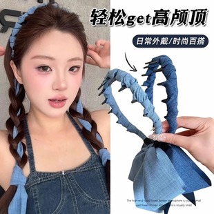 新款 夏日清涼感麻花結(jié)甜辣少女全扎齒梳飄帶發(fā)箍百搭牛仔飄帶發(fā)帶