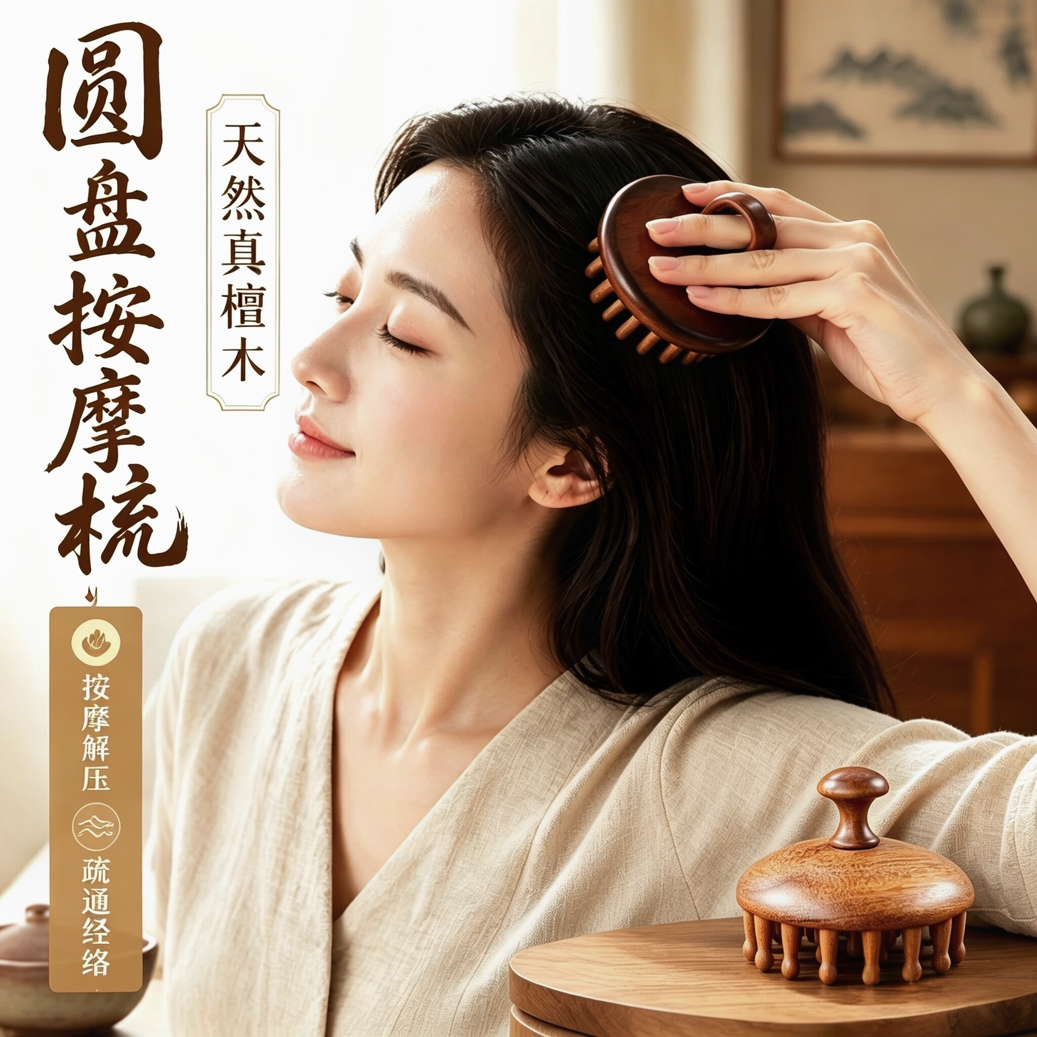 高端檀木圆盘按摩梳头部头皮经络梳毛囊疏通神器养发保健梳子通用