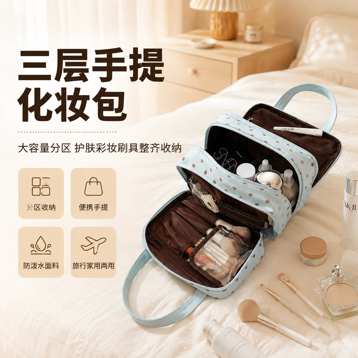 防水皮革波点大容量分区化妆包