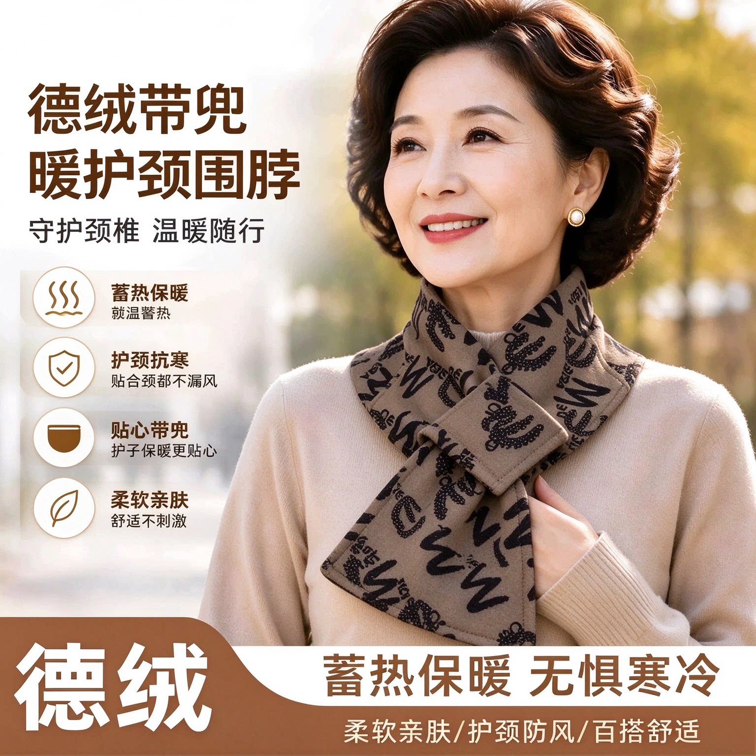 德绒带兜护颈围脖护颈长巾丝巾