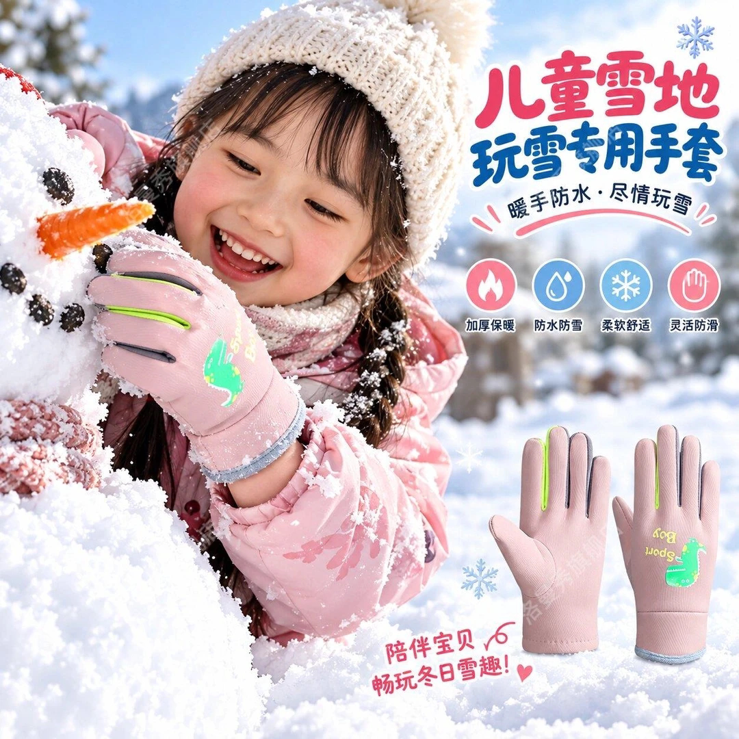 加绒防泼水防风儿童保暖滑雪手套