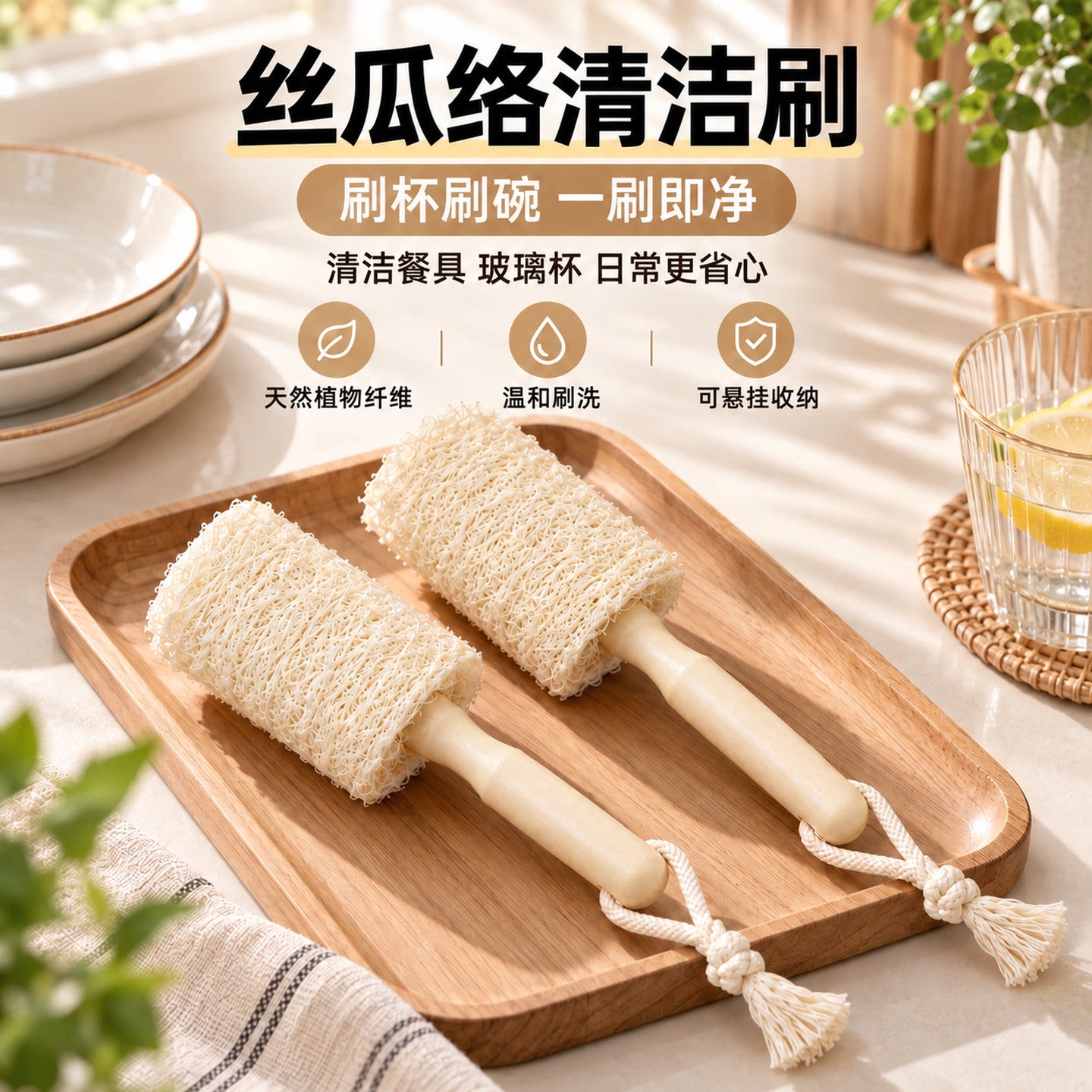 实木柄丝瓜络挂式不沾油杯刷