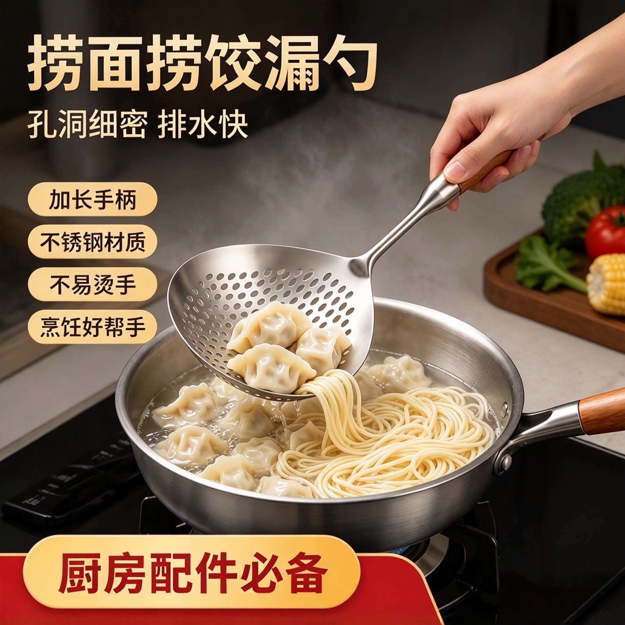 不锈钢加厚加宽捞面捞饺漏勺
