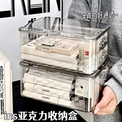 桌面收纳盒翻盖式透明亚克力防风整理盒卧室宿舍办公室带盖杂物筐