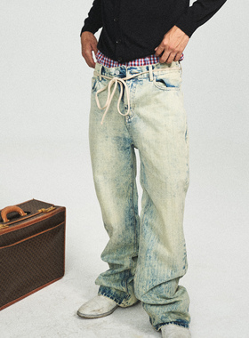 STEEPC 盐白蓝复古竹节纹理洗水褪色做旧直筒Bootcut微喇牛仔裤