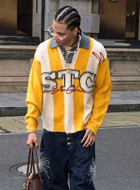 STEEPC 街区思想hood*黄白竖纹拉毛提花刺绣长袖POLO针织毛衣外套