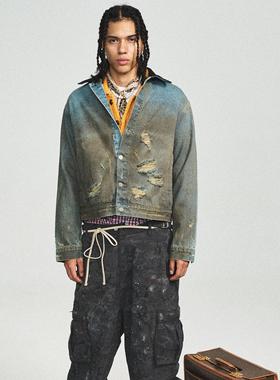 STEEPC riize郑成灿同款 做旧水洗破洞灯芯绒翻领牛仔衣夹克外套