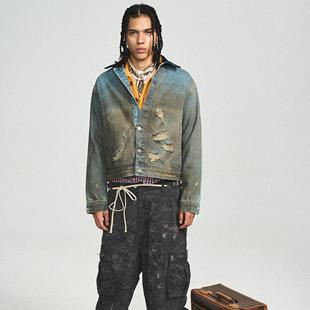 STEEPC riize郑成灿同款 做旧水洗破洞灯芯绒翻领牛仔衣夹克外套