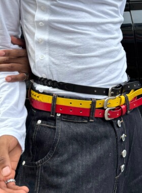 STEEPC 鹿晗同款头层牛皮*金属扣头三色手工编织缝边真皮皮带腰带