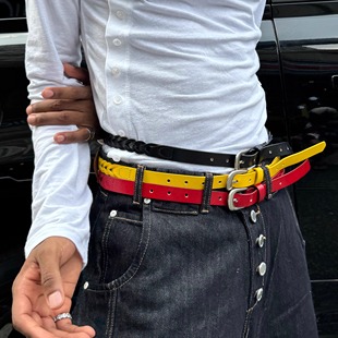 STEEPC 鹿晗同款头层牛皮*金属扣头三色手工编织缝边真皮皮带腰带