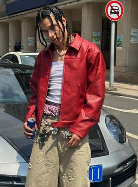 STEEPC 王一博/范丞丞同款做旧水洗勃艮第红色短宽版夹克外套皮衣