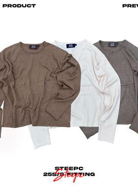 STEEPC 织出来的长袖*纯色短宽 针织线织圆领（领部细节）长袖T恤