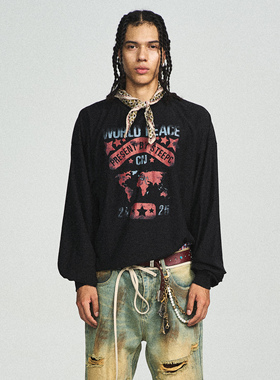 STEEPC 薄柔面料*和平peaceful印花复古短宽松无缝下摆长袖t恤