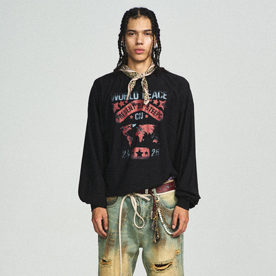 STEEPC 薄柔面料*和平peaceful印花复古短宽松无缝下摆长袖t恤