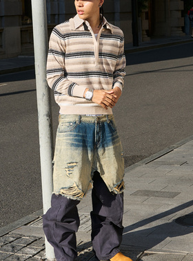 STEEPC 拓金者*假两件叠拼洗水做旧破洞弯刀廓形长裤