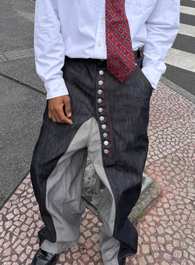 STEEPC 红眼*长排扣反向拼接宽松直筒设计感原牛仔长裤