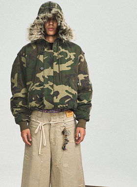 STEEPC 军绿迷彩毛领N2B夹克棉服外套（区别普通军版廓形）