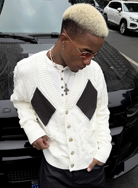 STEEPC 复古绞花多层花型老钱菱格纹V领休闲短宽针织开衫毛衣外套