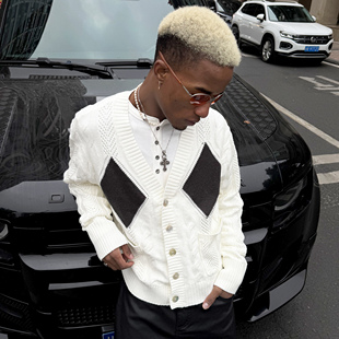 STEEPC 复古绞花多层花型老钱菱格纹V领休闲短宽针织开衫毛衣外套