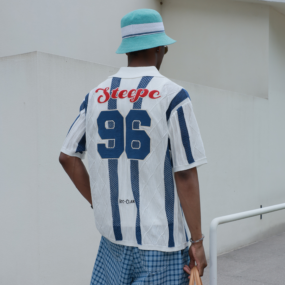 STEEPC 蓝色竖纹拼接提花复古撞色贴布绣短袖衬衫