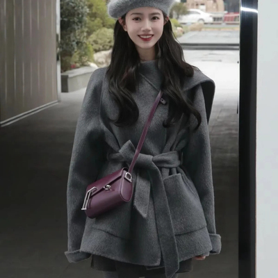 秋冬今年流行赫本风高级感小个子设计感呢子大衣灰色毛呢外套女装