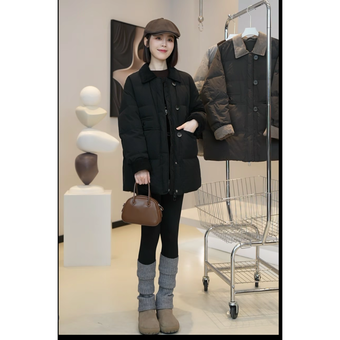 芜阅冬季新款百搭撞色欧棉绒拼接单排扣白鸭绒羽绒服E617