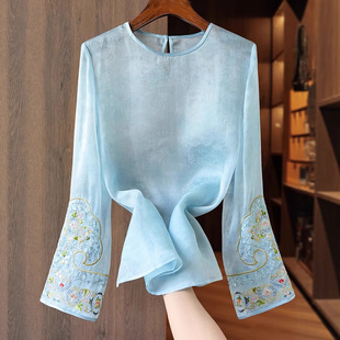 蓝色高端真丝欧根缎新中式衬衫女夏秋新款重工刺绣圆领轻国风