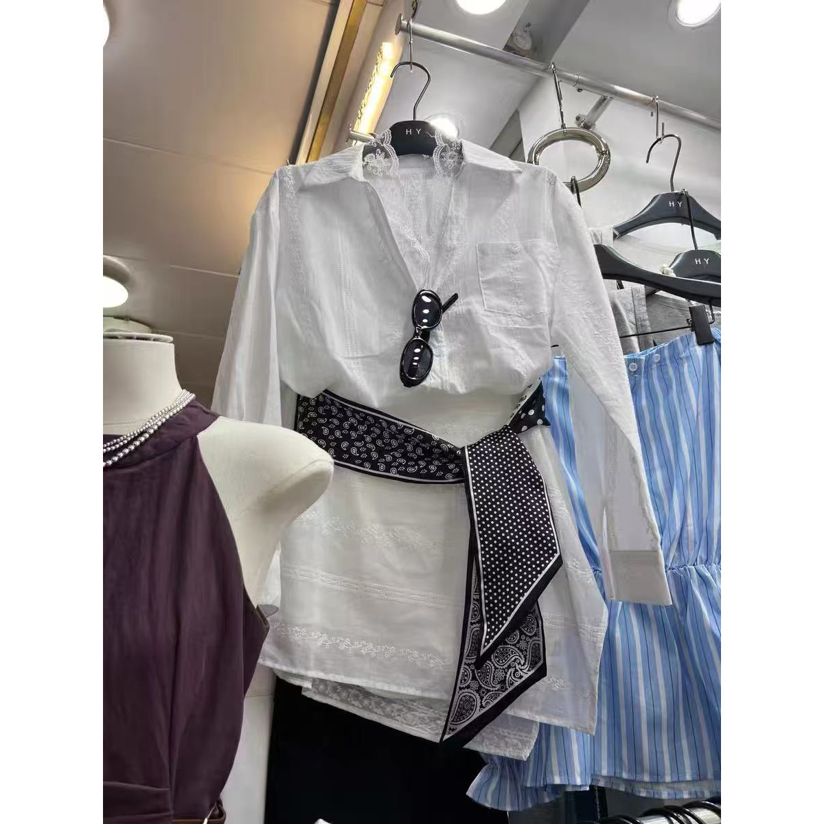 十三行2025夏装新款长袖衬衫+a字短裙+丝巾女老钱风气质穿搭套装