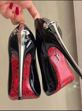 2026欧美新款银色利刃尖头红底高跟鞋黑色性感真皮绝美御姐风单鞋