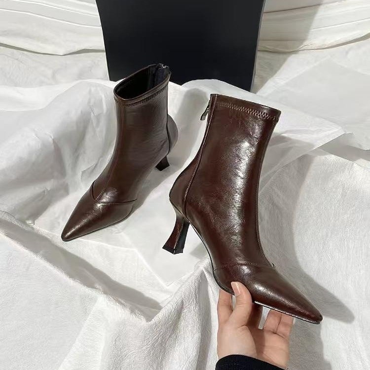 棕色尖头细跟后拉链弹力瘦瘦靴