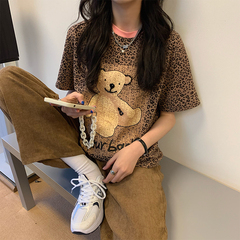 Bear leopard round neck Pullover half sleeve top short sleeve T-shirt real shot