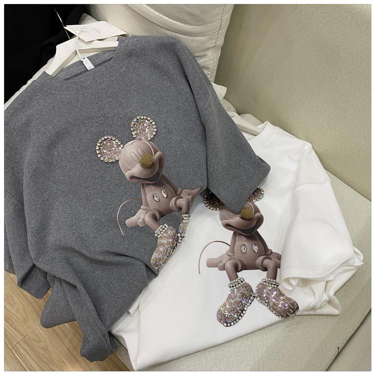 Guantu cotton thickened printed sequins early spring Mickey Mouse short sleeve T-shirt