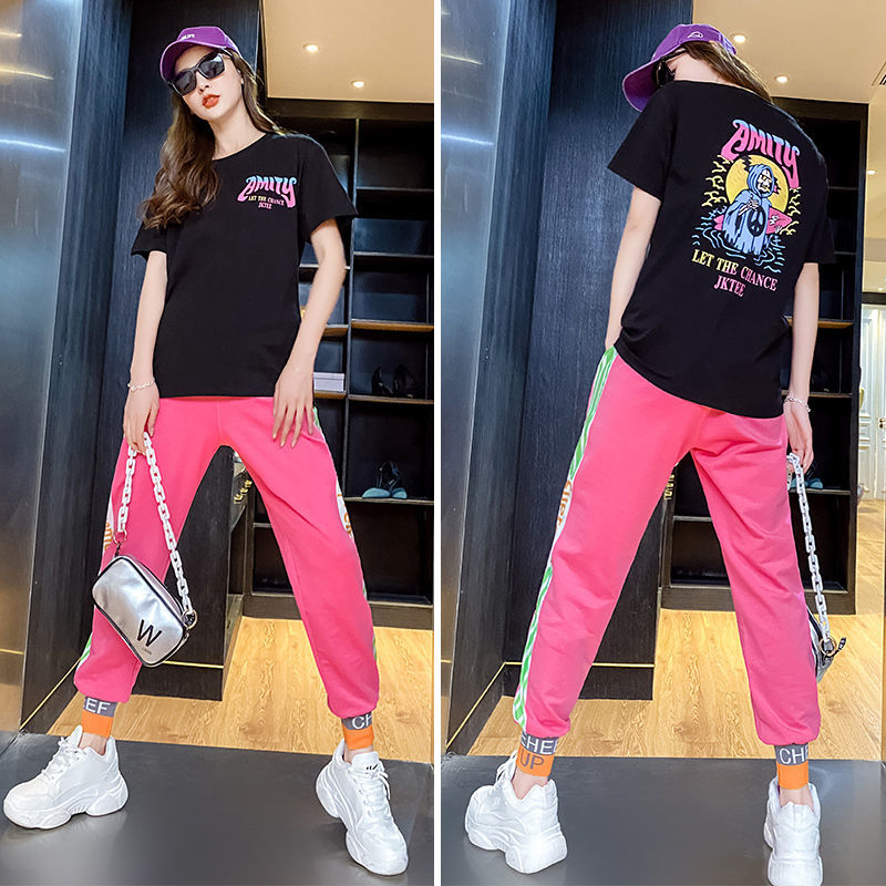 Sportswear women's summer new loose age reducing foreign style short sleeve casual fashion pink pants two piece set