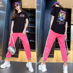 Sportswear women's summer new loose age reducing foreign style short sleeve casual fashion pink pants two piece set